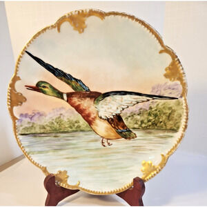 A K LIMOGES FRANCE Hand Painted Porcelain Mallard Bird Plate Gold Trim Signed